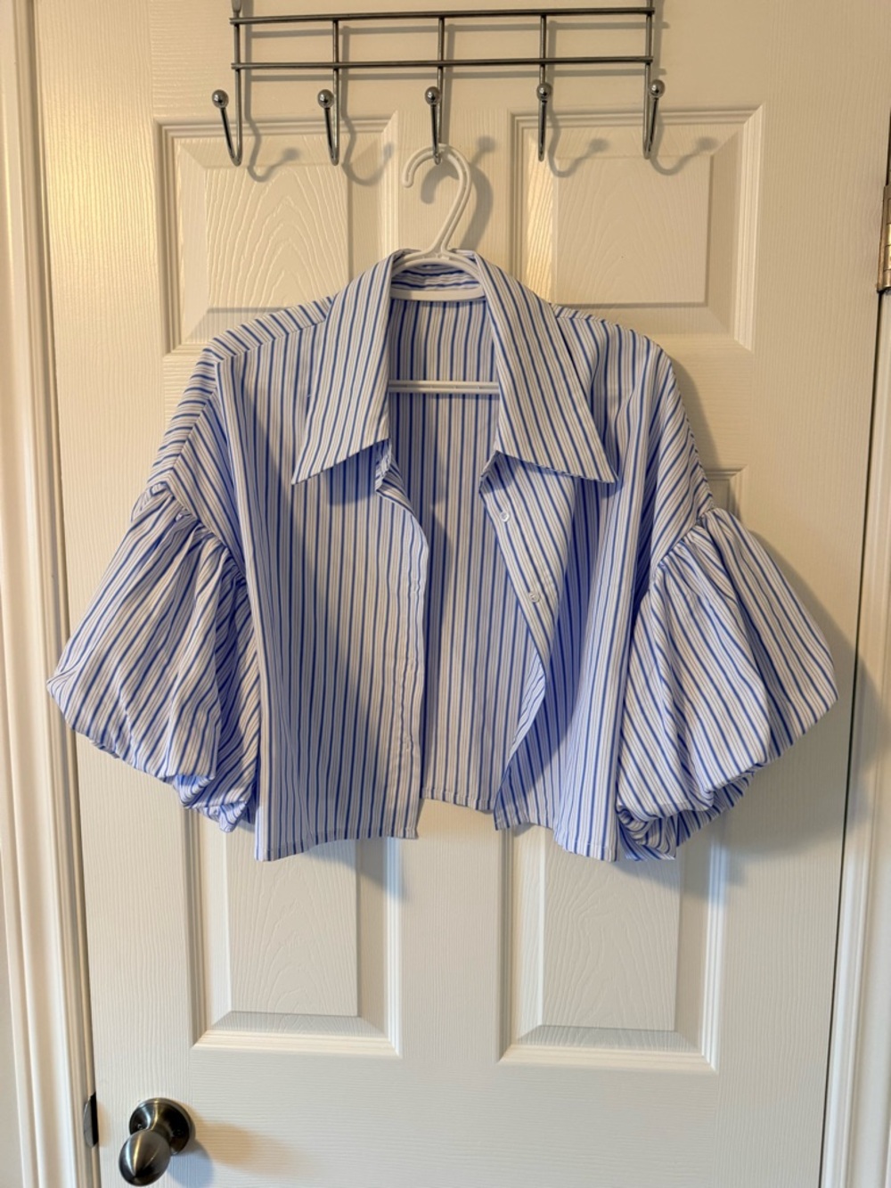 Amazon Blue and White Striped Button Down Crop Shirt